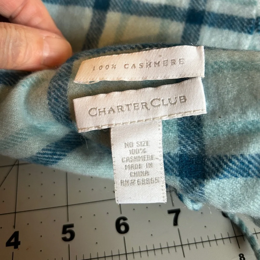 60x9” 100% Cashmere Charter Club Blue and White Checkered Throw